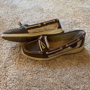 Chocolate and Gold sparkle Sperry shoes